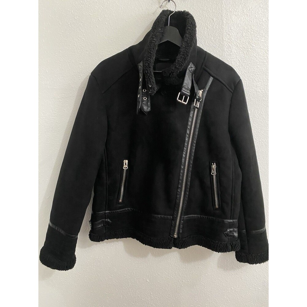 Zara Outerwear Women’s Black Biker Style Soft Coat Fleece Lining XL